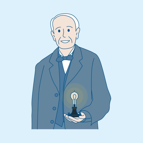 Thomas Edison holding light bulb