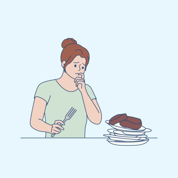Worried woman eating 2lbs of meat