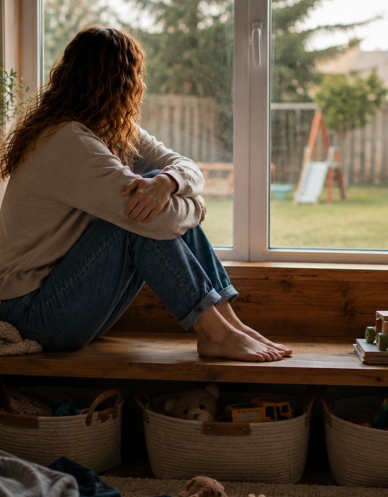 woman-alone-looking-out-window Woman sitting by a window looking tired and overwhelmed