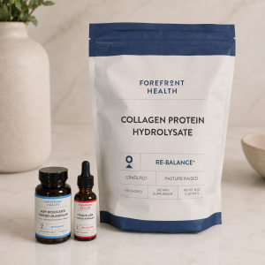 Three Forefront Health dietary supplements: Raw Desiccated Thyroid Glandular capsules, Vitamin ADK liquid dropper, and a 16 oz pouch of Grass Fed Collagen Protein Hydrolysate.